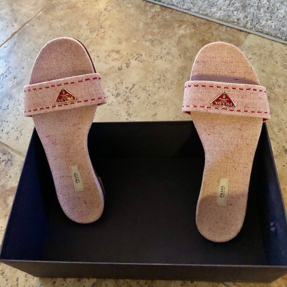 Prada Slide Round Toe Sandals Metal Logo 38/8 - Picture 5 of 13